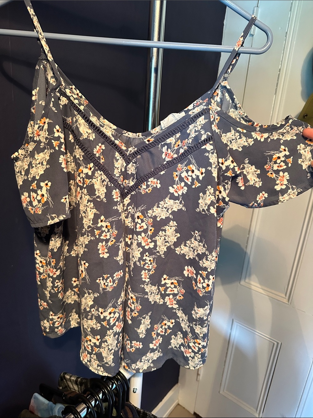 Sienna Sky Slate Blue Floral Cold-Shoulder Blouse